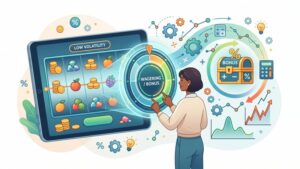 Современная иллюстрация с элементами казино и графиками для статьи о математике бонусных слотов