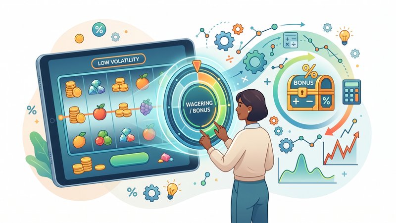 Современная иллюстрация с элементами казино и графиками для статьи о математике бонусных слотов