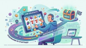 Иллюстрация с элементами онлайн-слотов для статьи о требованиях по отыгрышу в низковолатильных автоматах