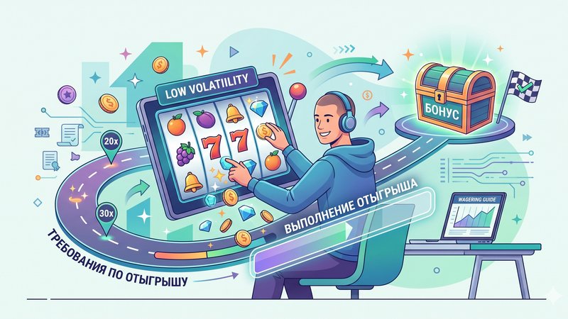 Иллюстрация с элементами онлайн-слотов для статьи о требованиях по отыгрышу в низковолатильных автоматах